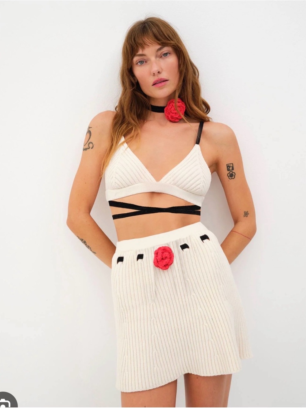 Small For Love and Lemons Tyra Knit Bralette with Knit Rose Choker